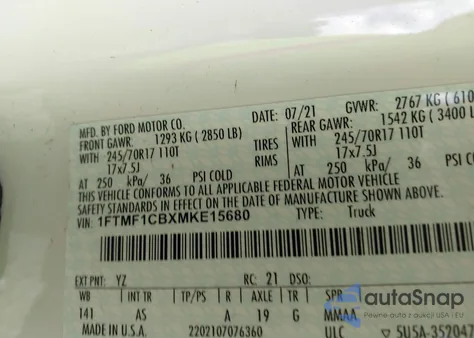 2021 Ford F-150 Xl from USA, damaged, VIN 1FTMF1CBXMKE15680